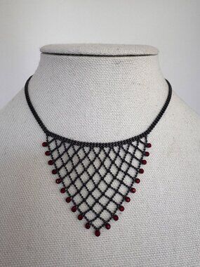 Givenchy Black Mesh Necklace Red Bead Fringe Gothic Bib Statement Signed